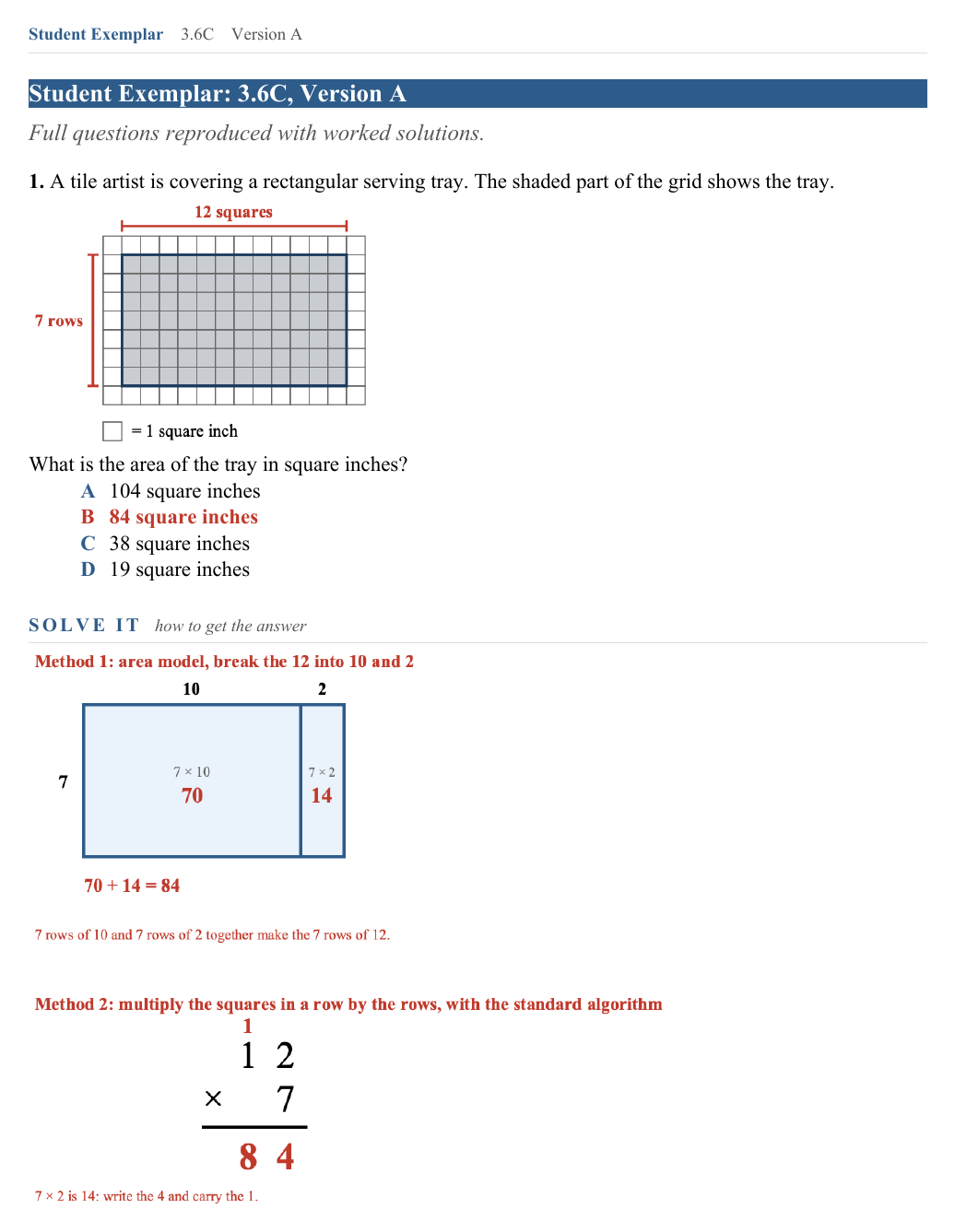 The Student Exemplar page for question 1: A tray covers a rectangle on the grid, 12 squares across and 7 rows down. What is its area in square inches? The correct answer is marked, and the question is worked out underneath.