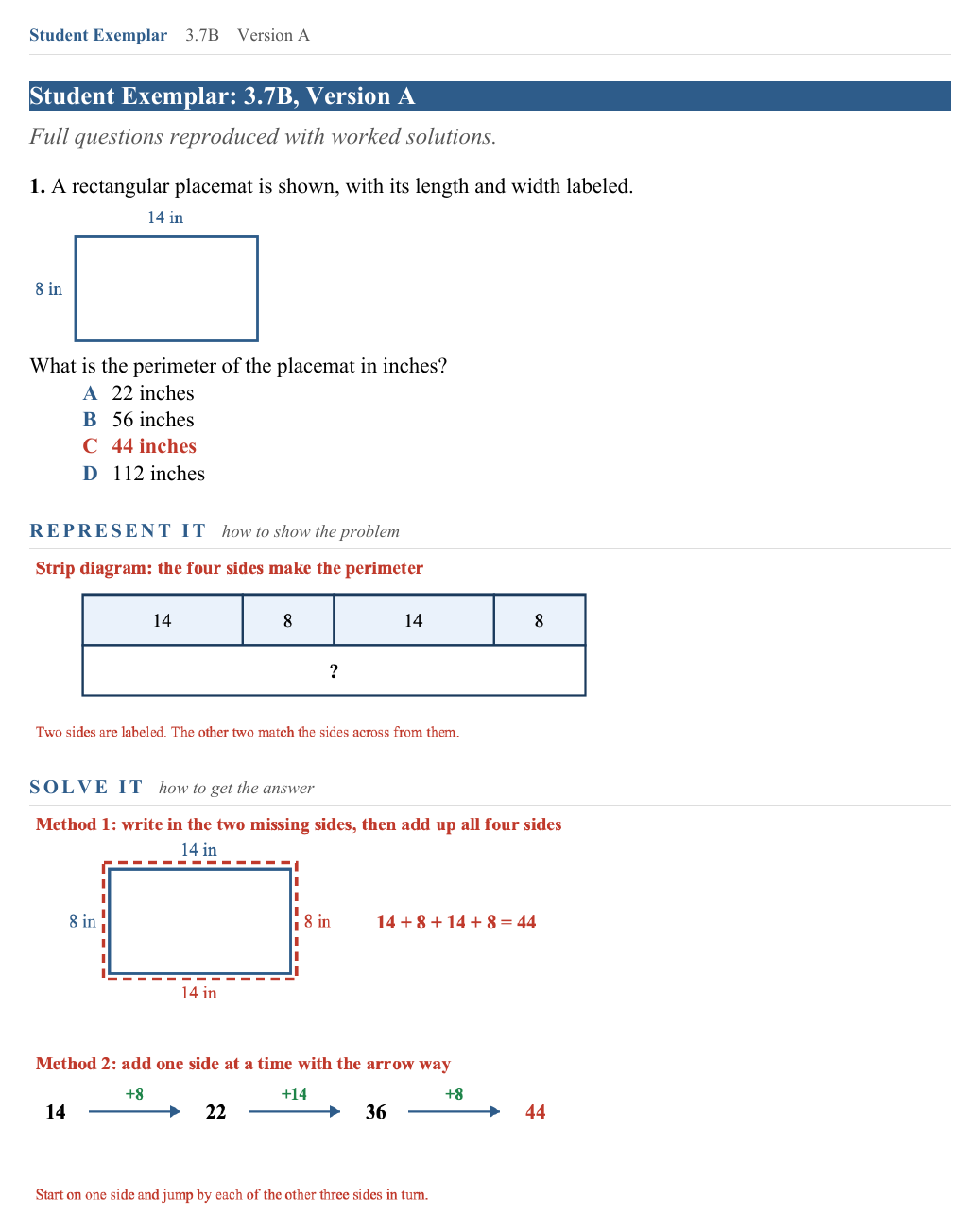 The Student Exemplar page for question 1: A placemat is a rectangle 14 inches long and 8 inches wide. What is its perimeter? The correct answer is marked, and the question is worked out underneath.